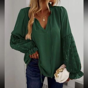 Boho green Swiss dot sleeve tie neck blouse